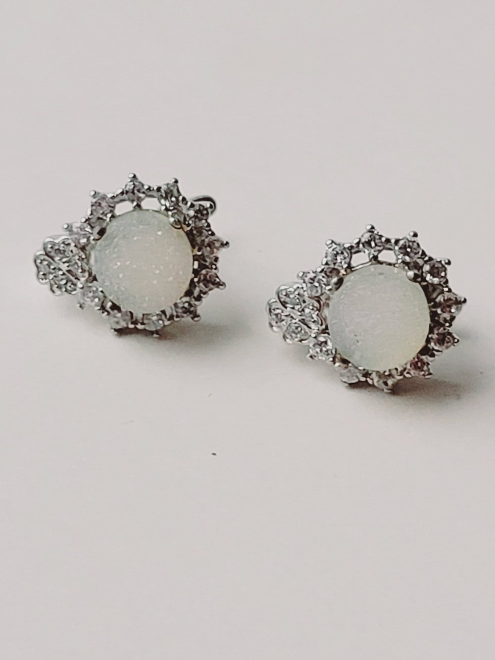 MOONSTONE DRUZY & ZIRCON STERLING SILVER 925 STUD EARRINGS